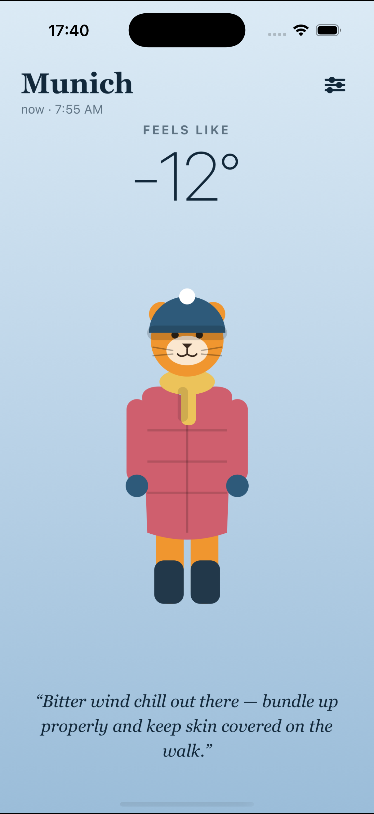 The app on a cold day in Munich, showing a bundled-up figure and 'feels like -12°'.