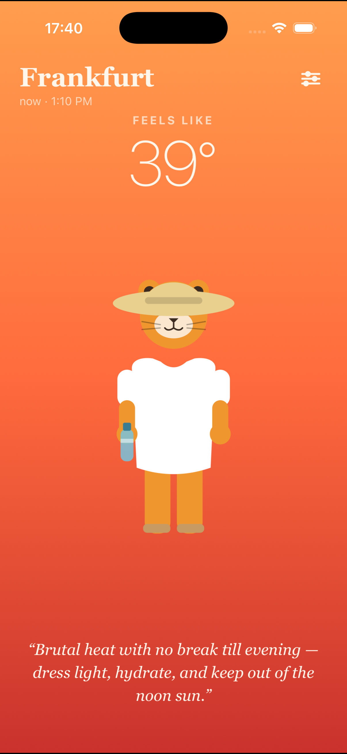Heat read — a tiger dressed for the sun.