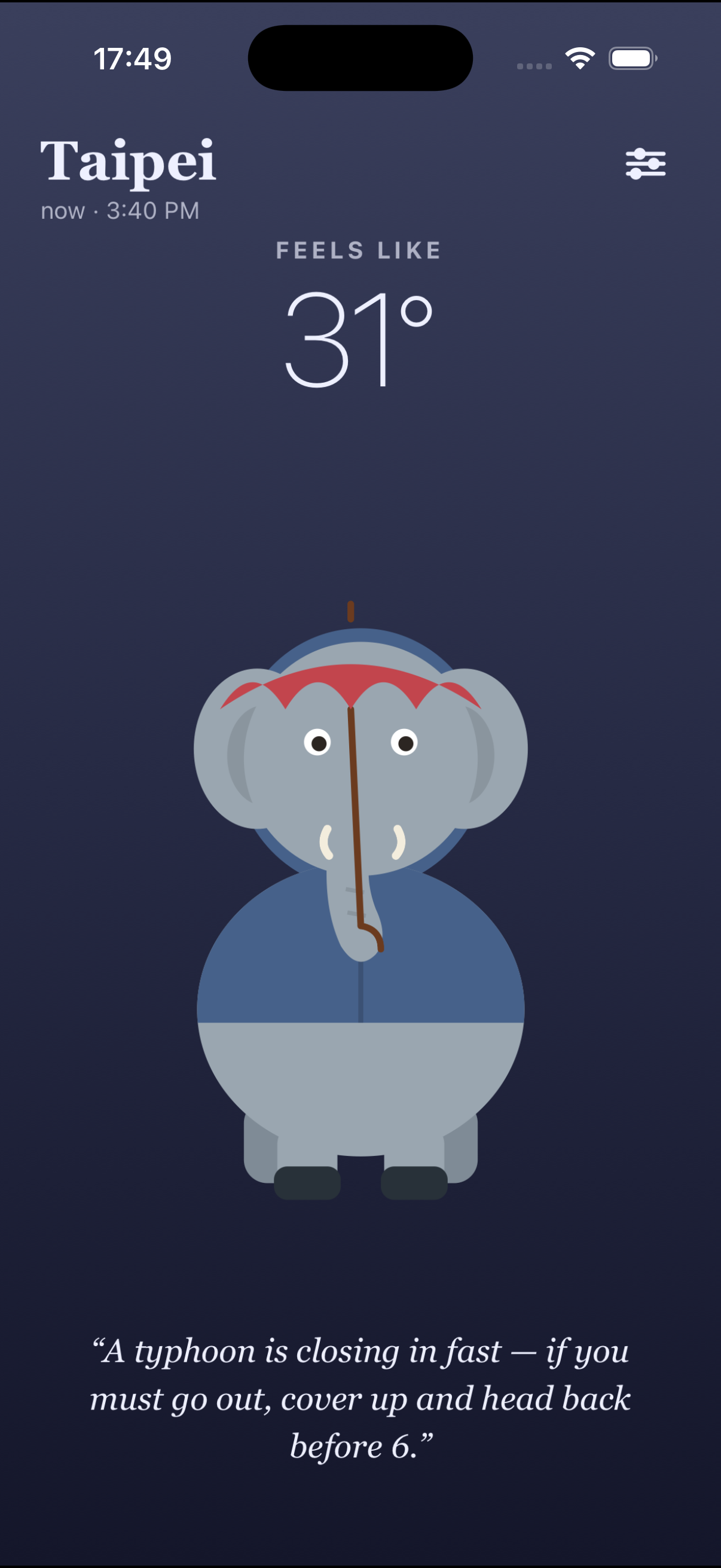 A storm read in Taipei — a dressed elephant holding an umbrella, 'feels like 31°'.